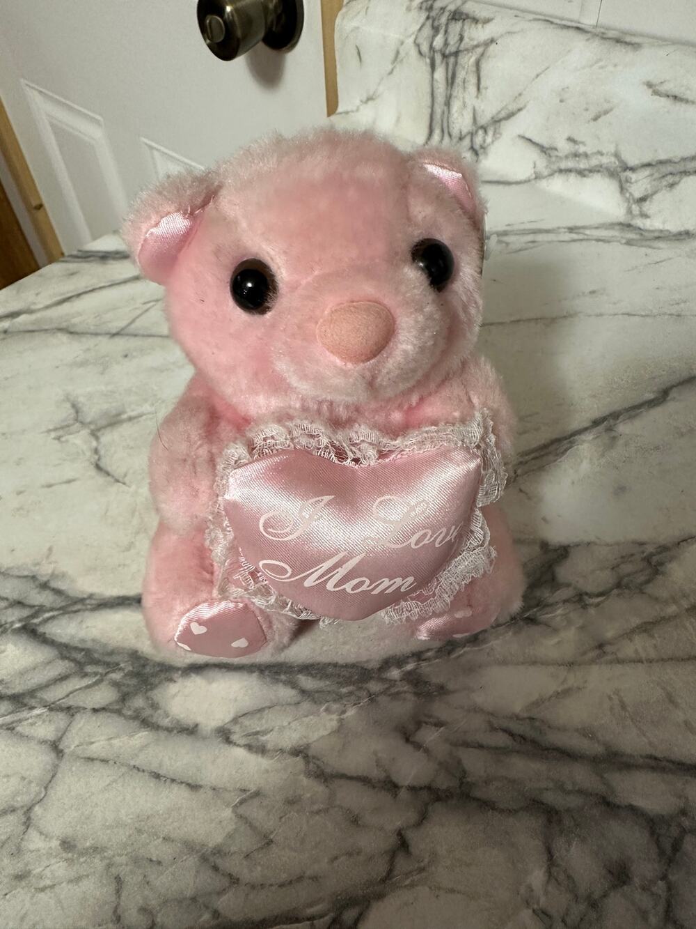 Vtg Dan Dee Pink Teddy Bear Plush I Love You Mom Satin Heart Lace Trim 5.5"